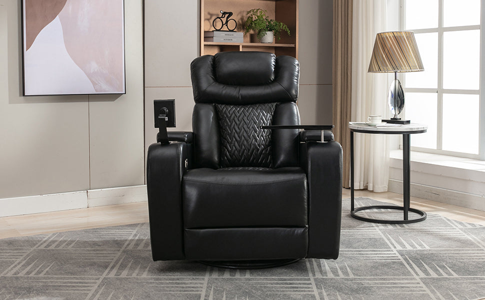 Luxury Black Swivel Recliner Chair with Tray Table, Phone Holder, and USB Port