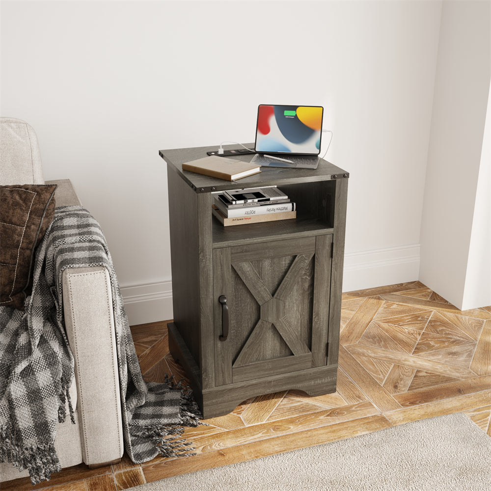 Modern Dark Grey Wood Tall Cabinet Small Nightstand Bed Side Table With Charging Station Living Room