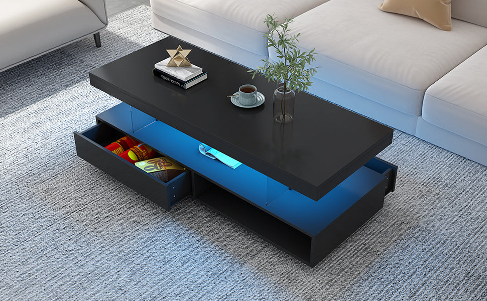 Modern Black LED Coffee Table with Storage and Display Shelves