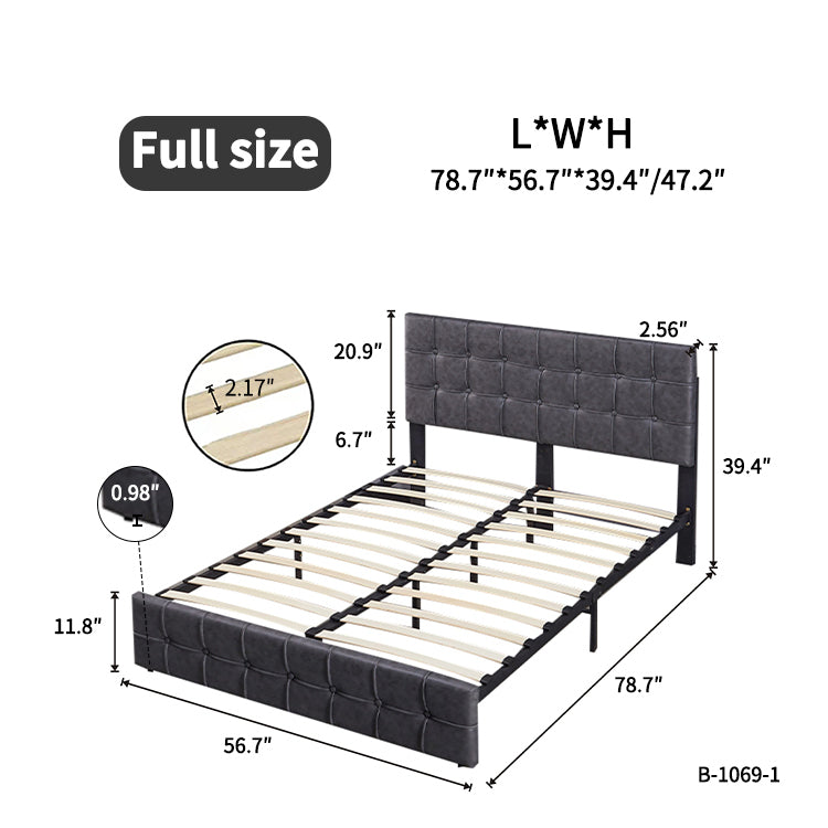 Full Size Bed Frame, Modern Upholstered Platform Bed with Adjustable Headboard, Heavy Duty Button Tech cloth Bed Frame with Wood Slat Support, Easy Assembly, No Box Spring Needed (Dark Grey, Full)