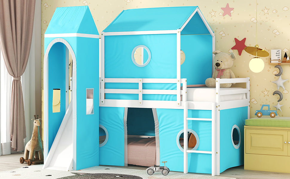 Blue Castle Loft Bed with Slide and Tower for Kids