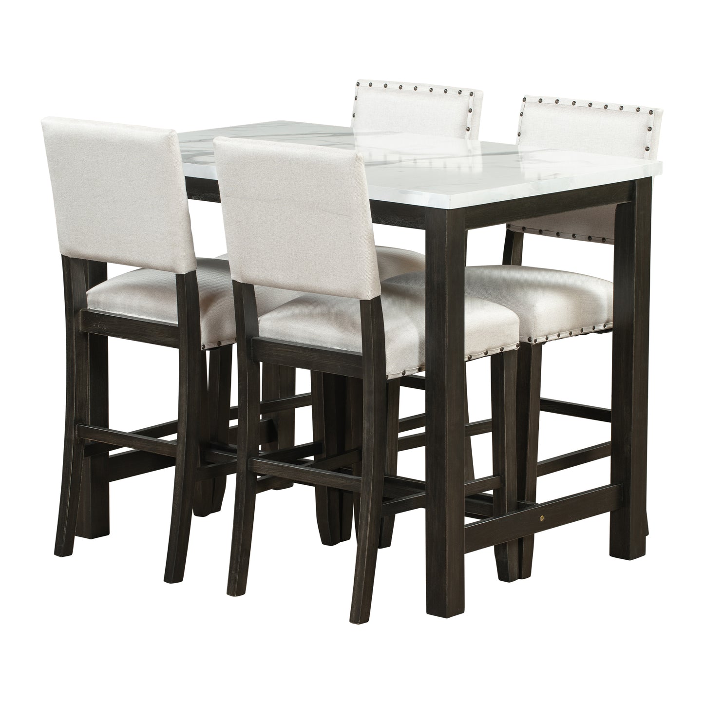 5 Piece Rustic Wooden Counter Height Dining Table Set with 4 Upholstered Chairs for Small Places, Faux Marble Top+Black Body