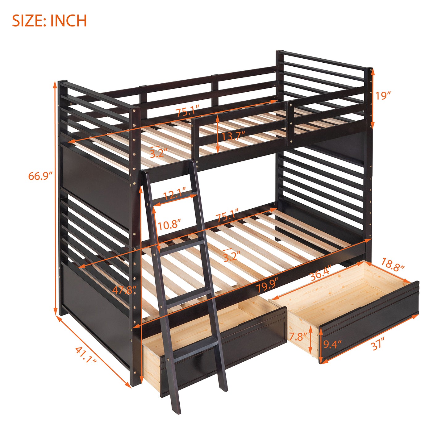 Espresso Twin Bunk Bed with Storage Drawers for Space Optimization