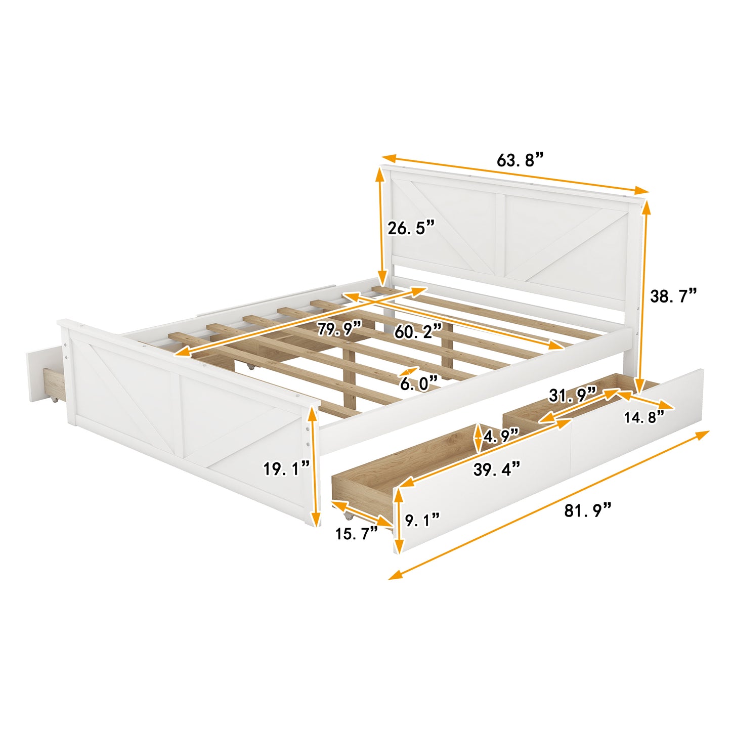 Queen Size Wooden Platform Bed with Four Storage Drawers and Support Legs, White