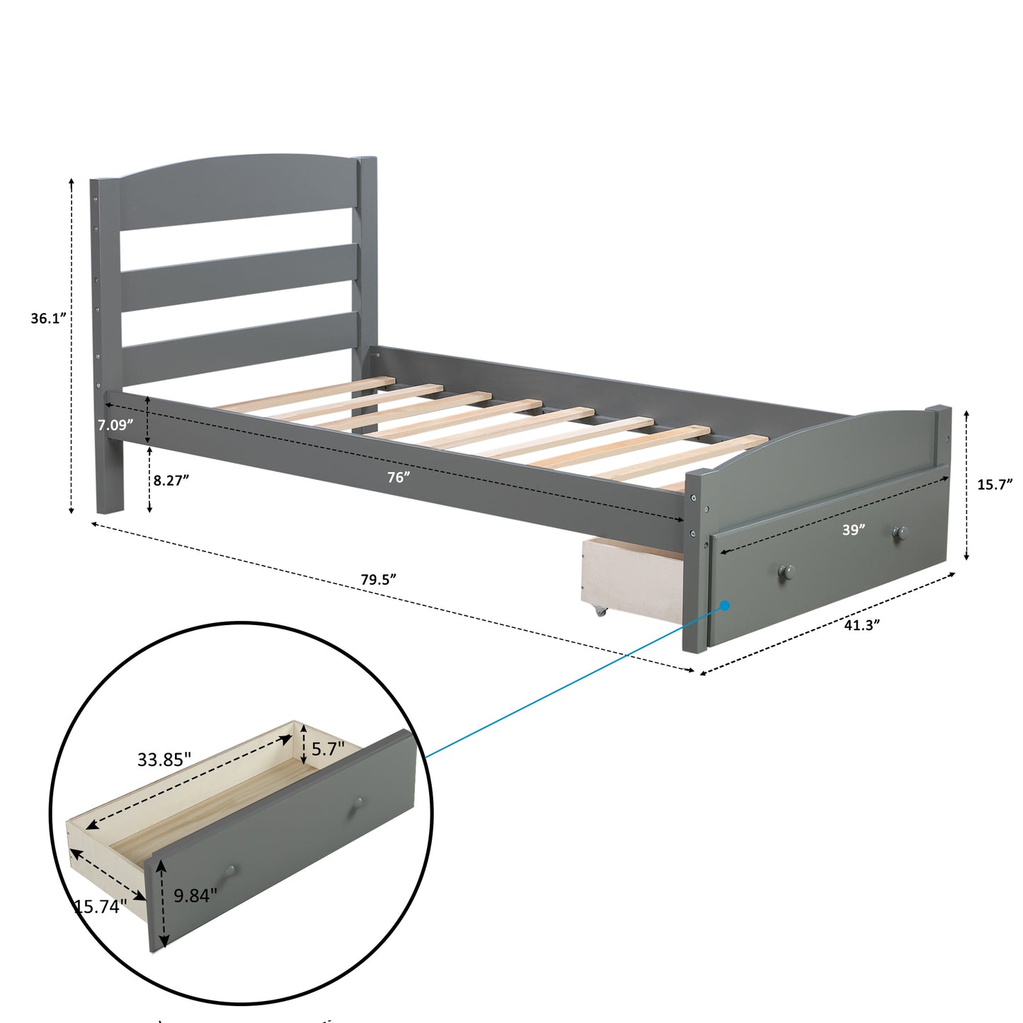 Platform Twin Bed Frame with Storage Drawer and Wood Slat Support No Box Spring Needed, Gray