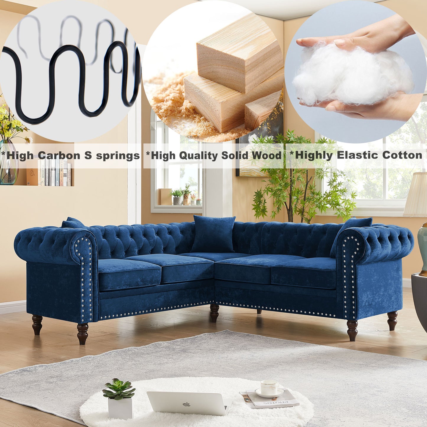 Luxurious Blue Velvet L-shaped Chesterfield Sofa with Deep Button Tufting