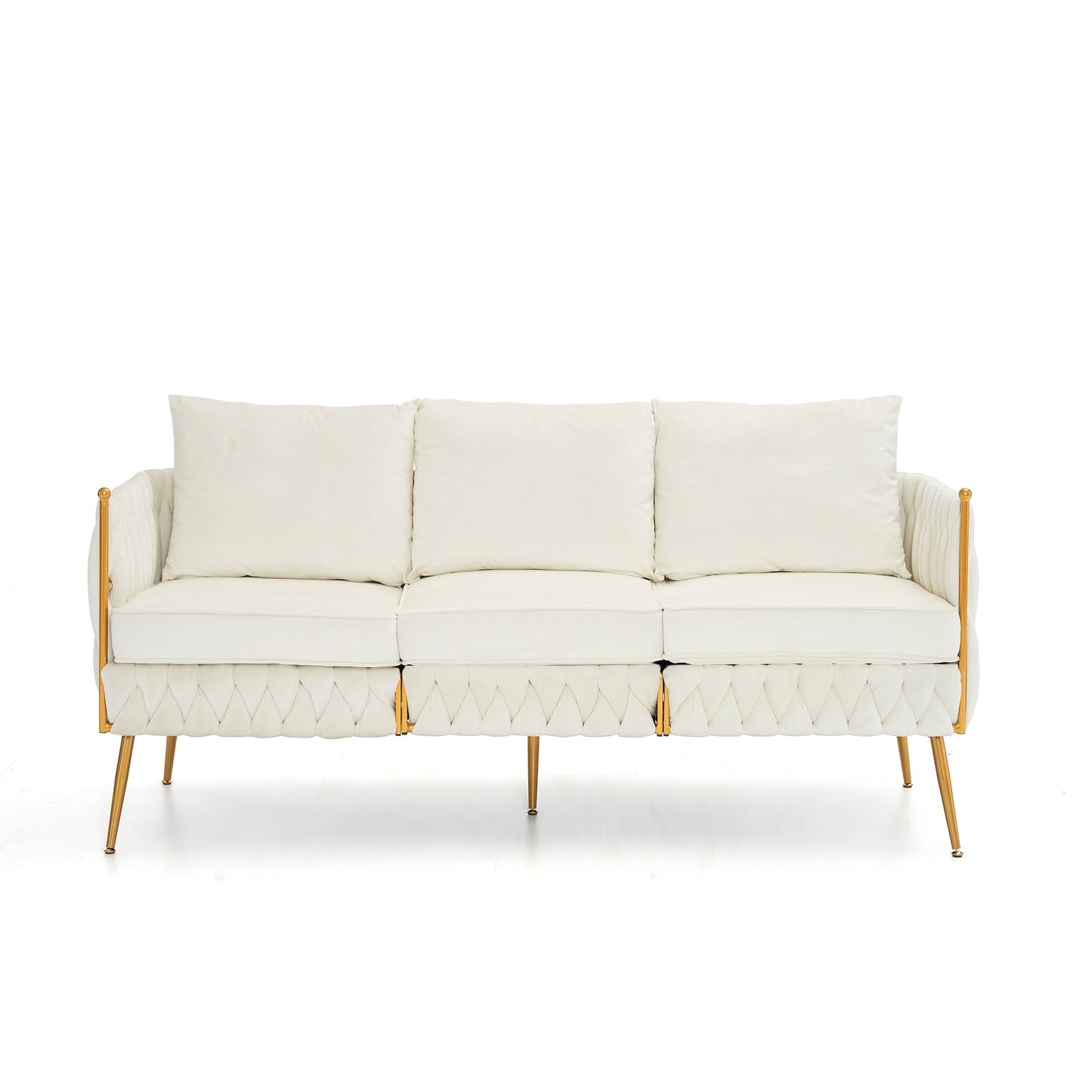 Luxurious 3-Piece Cream White Velvet Living Room Set with Hand-Woven Tufted Back and Golden Metal Legs