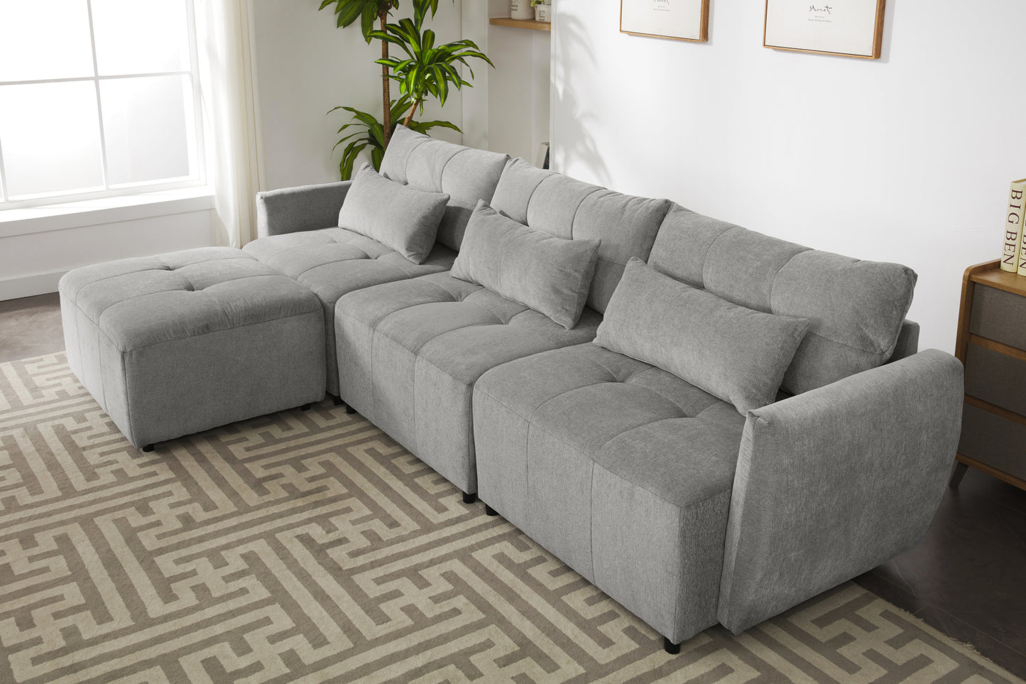 Convertible L-Shaped Sectional Sofa with Movable Ottoman and USB Ports