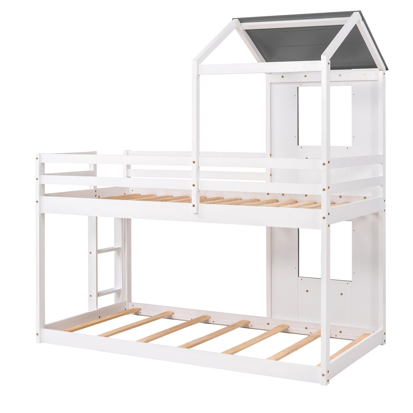 White Wooden Playhouse Bunk Bed with Roof and Guardrail