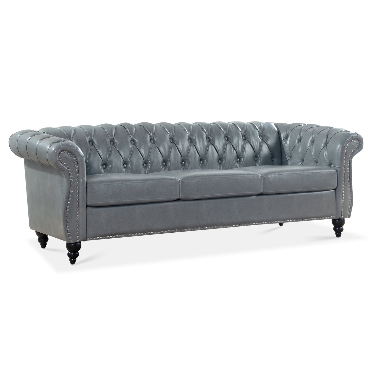 84.65 Inch 3-Seater Rolled Arm Chesterfield Sofa with Deep Buckles and PU Leather Fabric