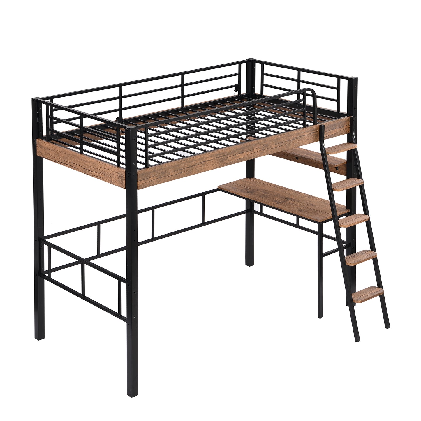 Metal Twin Size Loft Bed with Built-in Desk, Storage Shelf and Ladder, Black