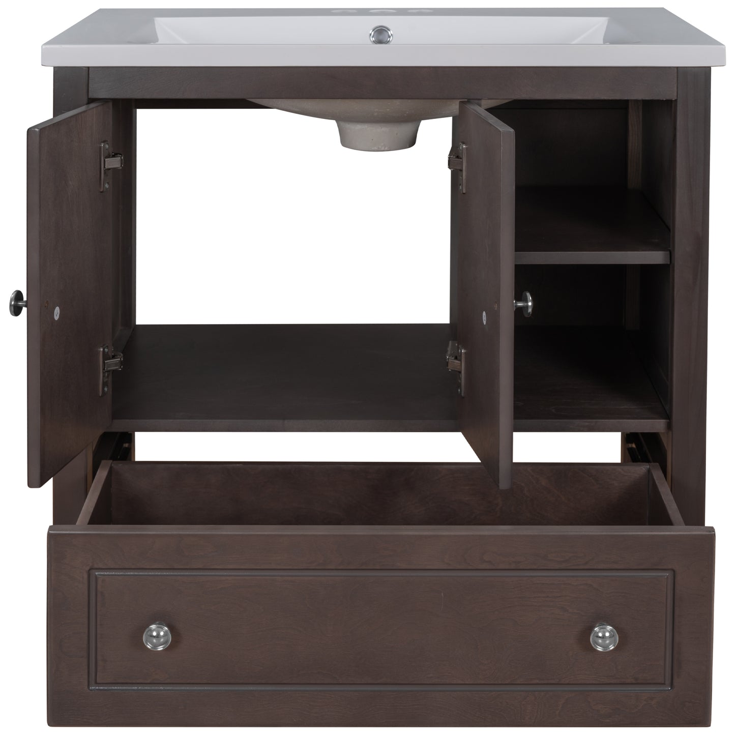 30" Bathroom Vanity with Sink, Bathroom Storage Cabinet with Doors and Drawers, Solid Wood Frame, Ceramic Sink, Brown