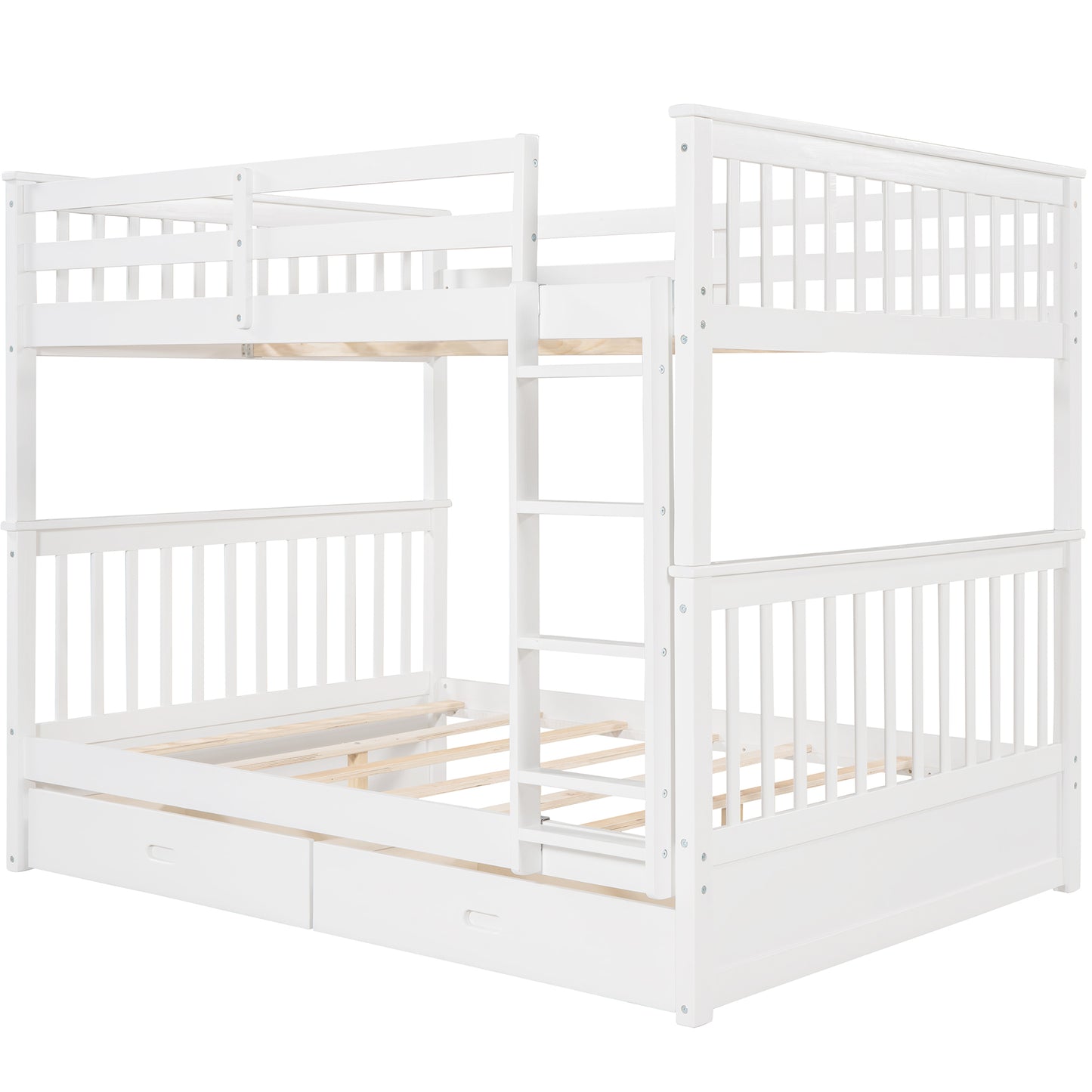 White Full-Over-Full Bunk Bed with Ladders and Two Underbed Drawers