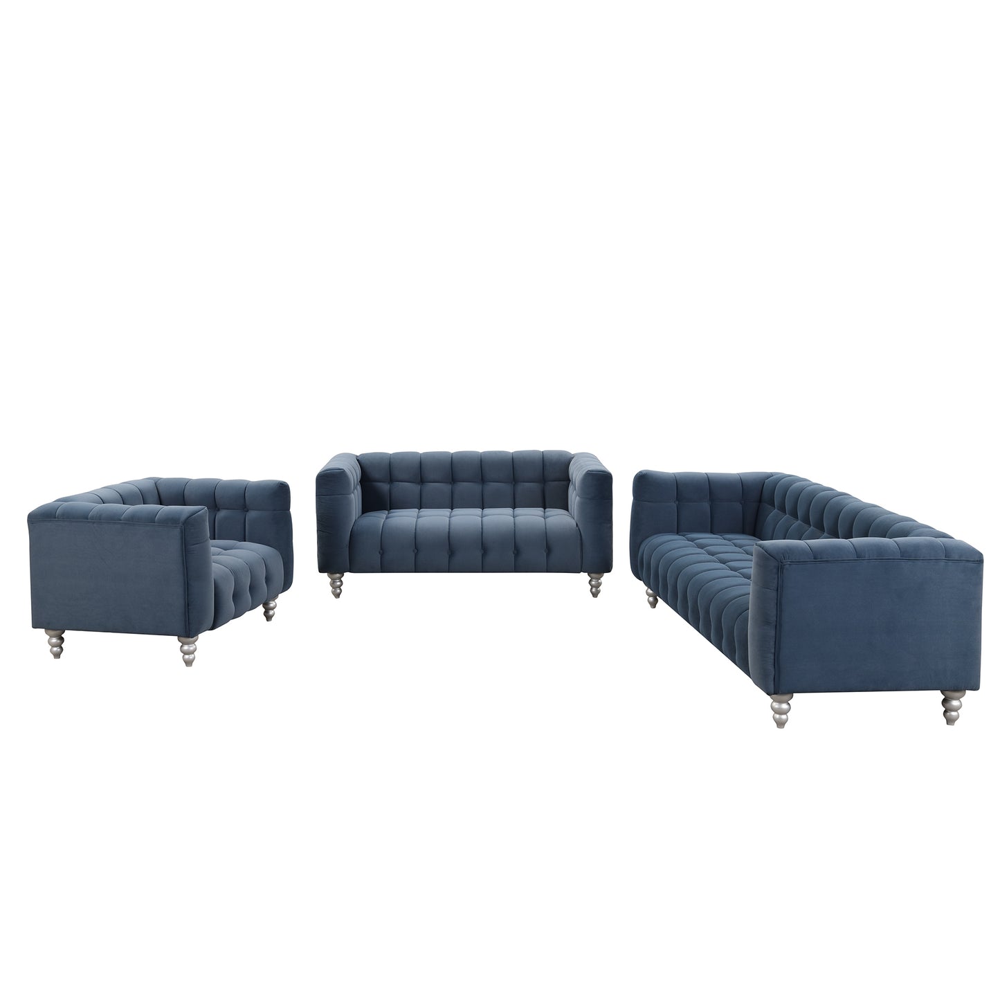 Modern 3-piece sofa set with solid wood legs, buttoned tufted backrest, Dutch fleece upholstered sofa set including three-seater sofa, double seat and living room furniture set single chair, blue