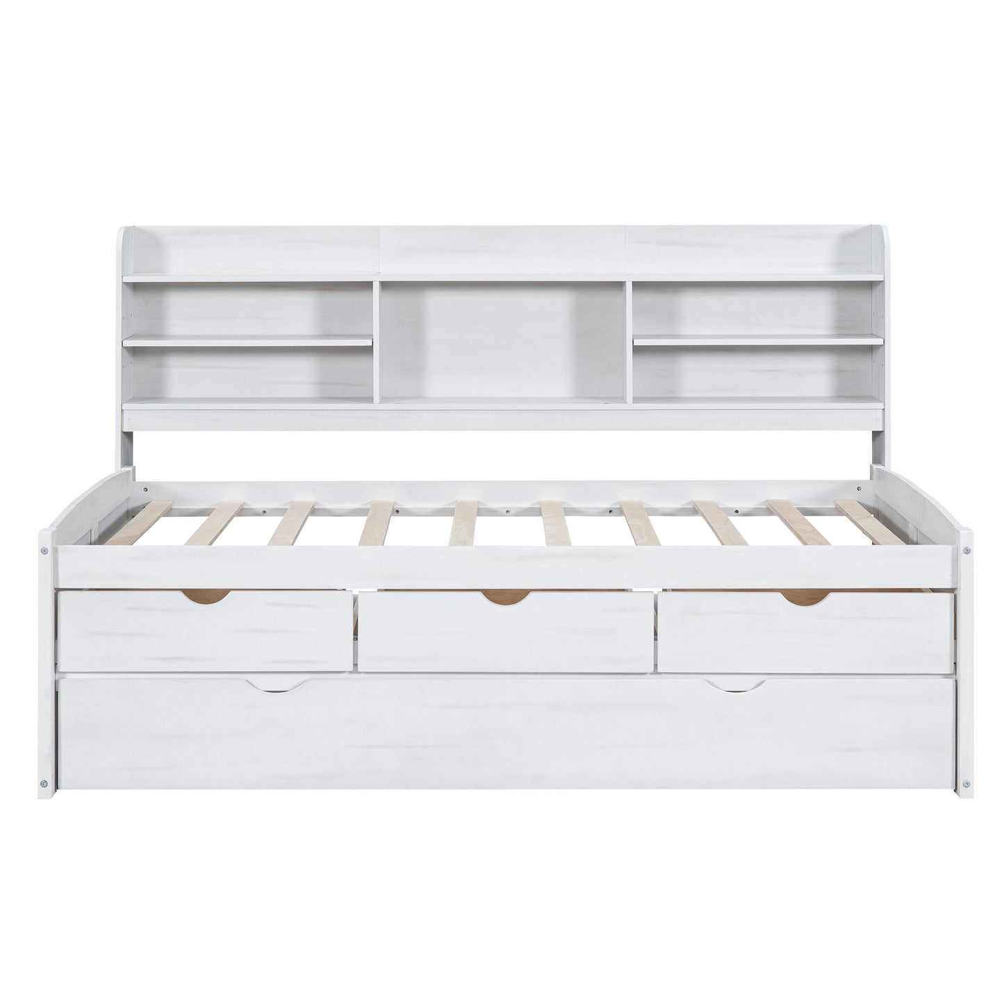 Twin Size Wooden Captain Bed with Built-in Bookshelves,Three Storage Drawers and Trundle, White Wash