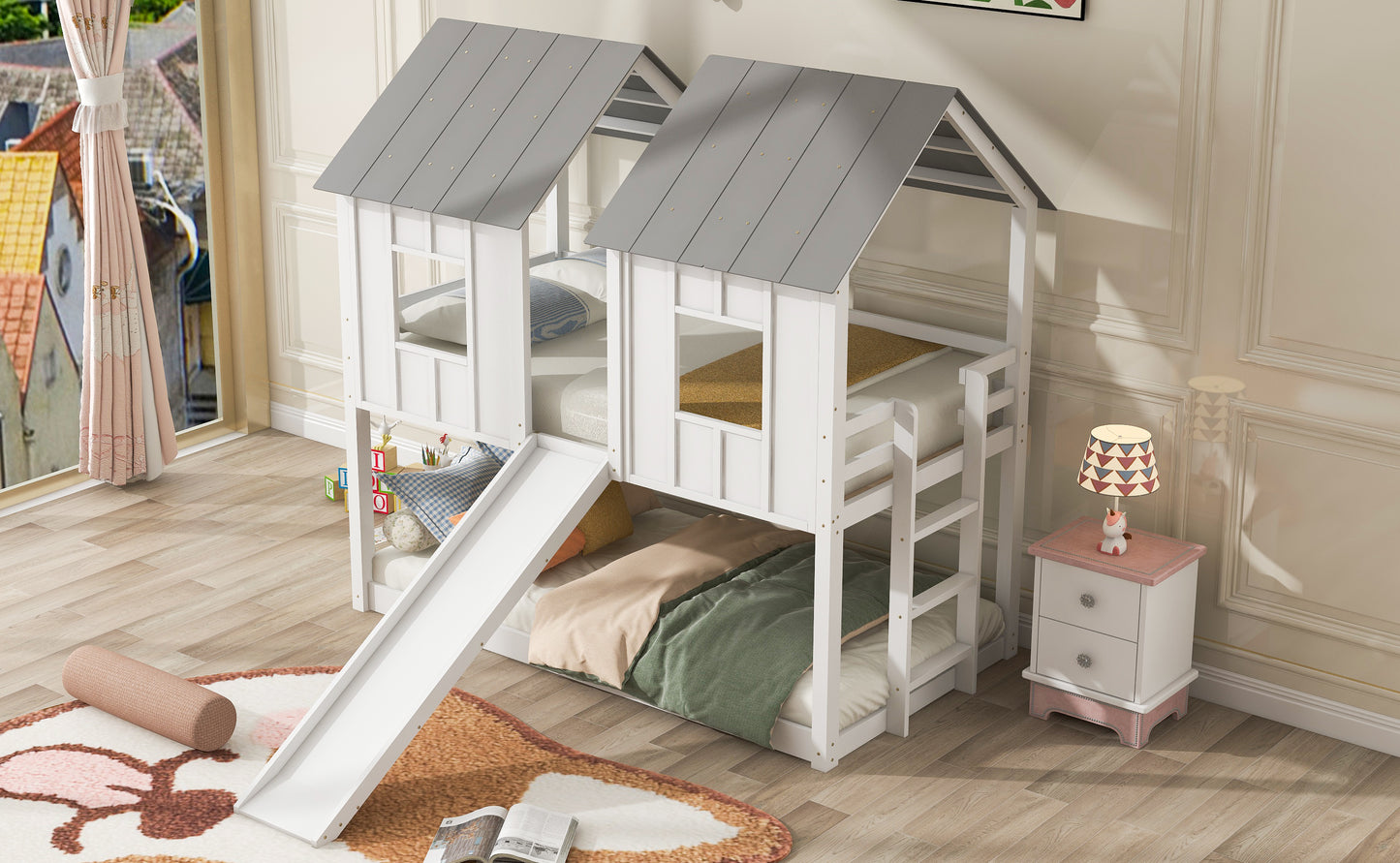 Twin House Bunk Bed with Slide and Windows for Kids, White