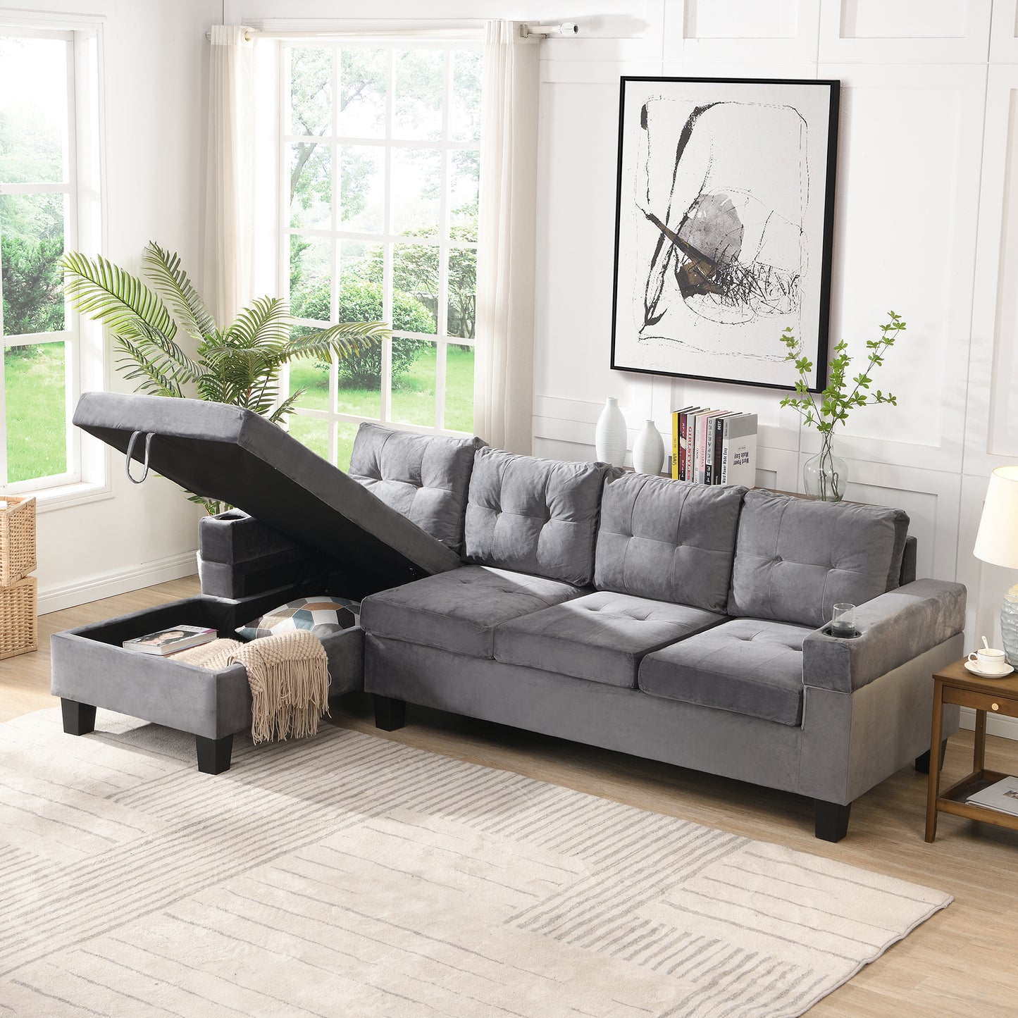 Sectional Sofa Set for Living Room with L Shape  Chaise Lounge ,cup holder and  Left  Hand with Storage Chaise  Modern 4 Seat (Grey) 
-LEFT CHAISE WITH STORAGE