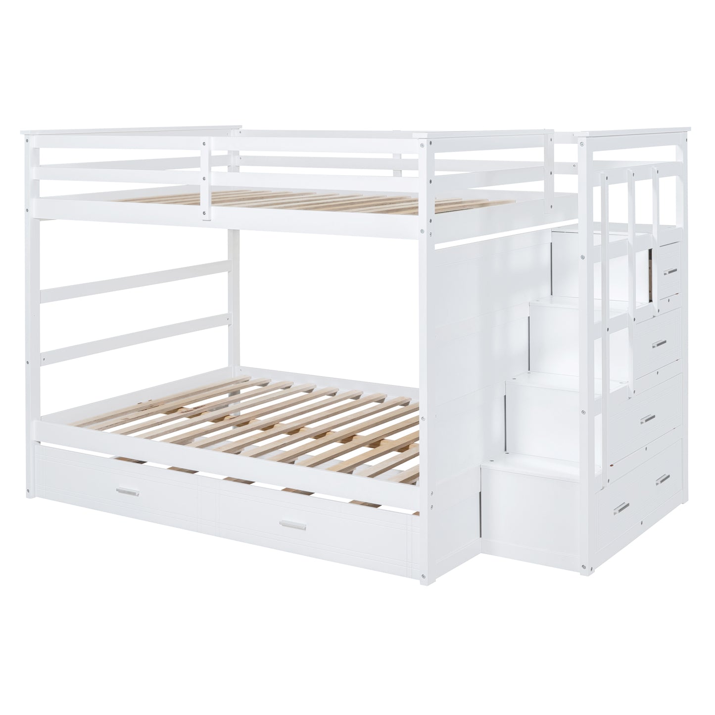 White Full-Over-Full Bunk Bed with Staircase and Trundle