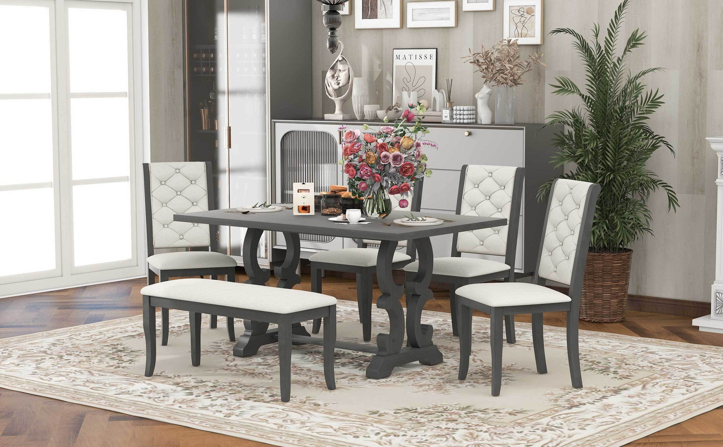 TREXM 6-Piece Retro Dining Set with Unique-designed Table Legs and Foam-covered Seat Backs&Cushions for Dining Room (Antique Grey)