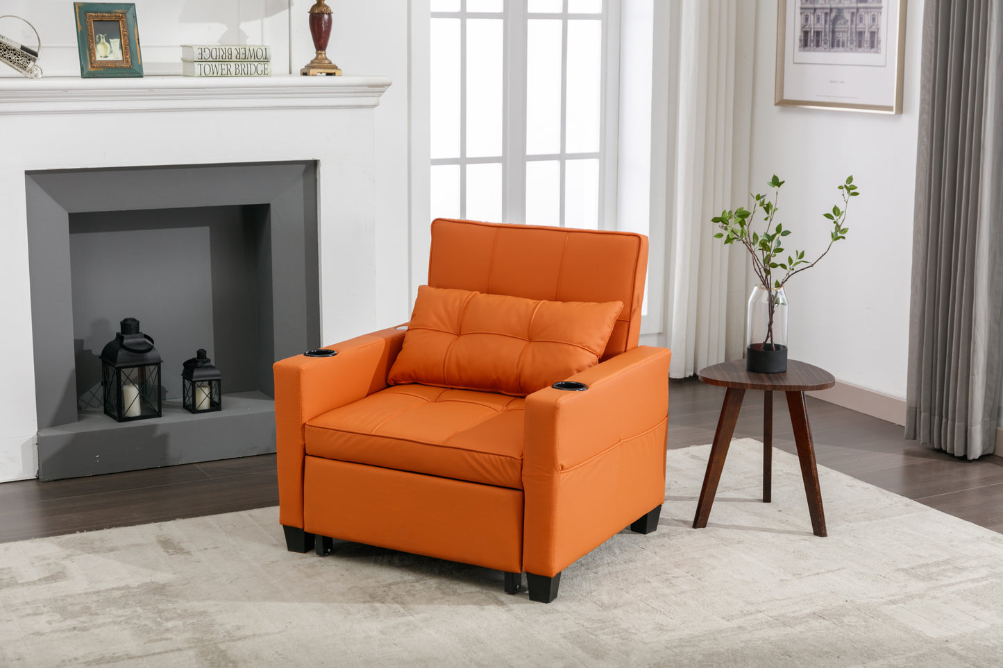 Futon Chair Bed Convertible Chair 3-in-1 Pull Out Sleeper Chair Beds with USB Ports,Wear-resistant and Anti-scratch,  Armchair Bed Sleeper for Living Room (Orange Leather)