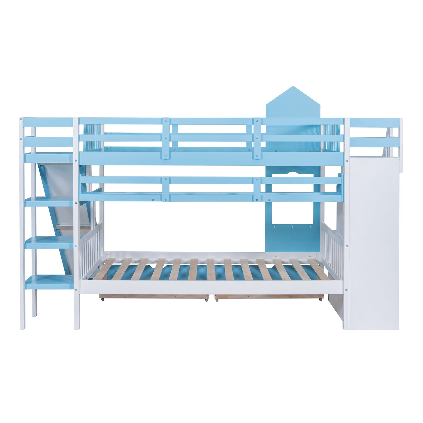 Blue Castle-Themed Full Bunk Bed with Slide, Storage, and Whimsical Charm