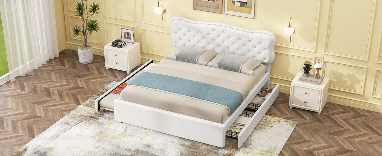 Queen Size Upholstery Platform Bed with Storage Drawers and Trundle,White