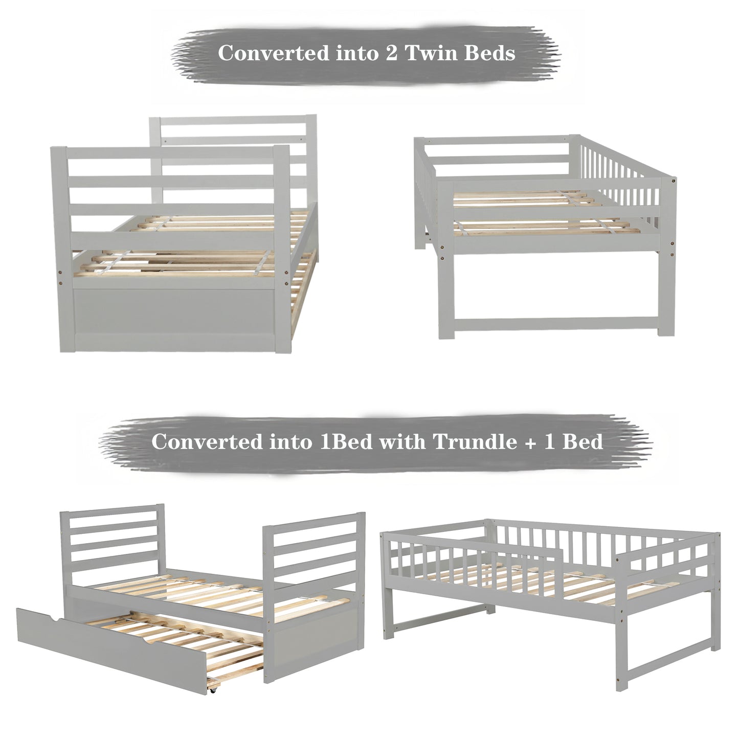 Pine Wood Kids Twin Bunk Bed Set with Trundle and Safety Features