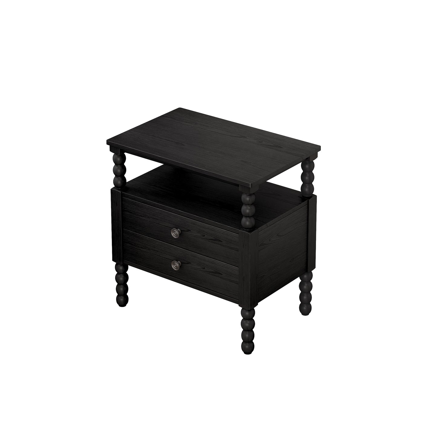 Gourd Shaped Leg 2 Drawer Nightstand, Antique Black