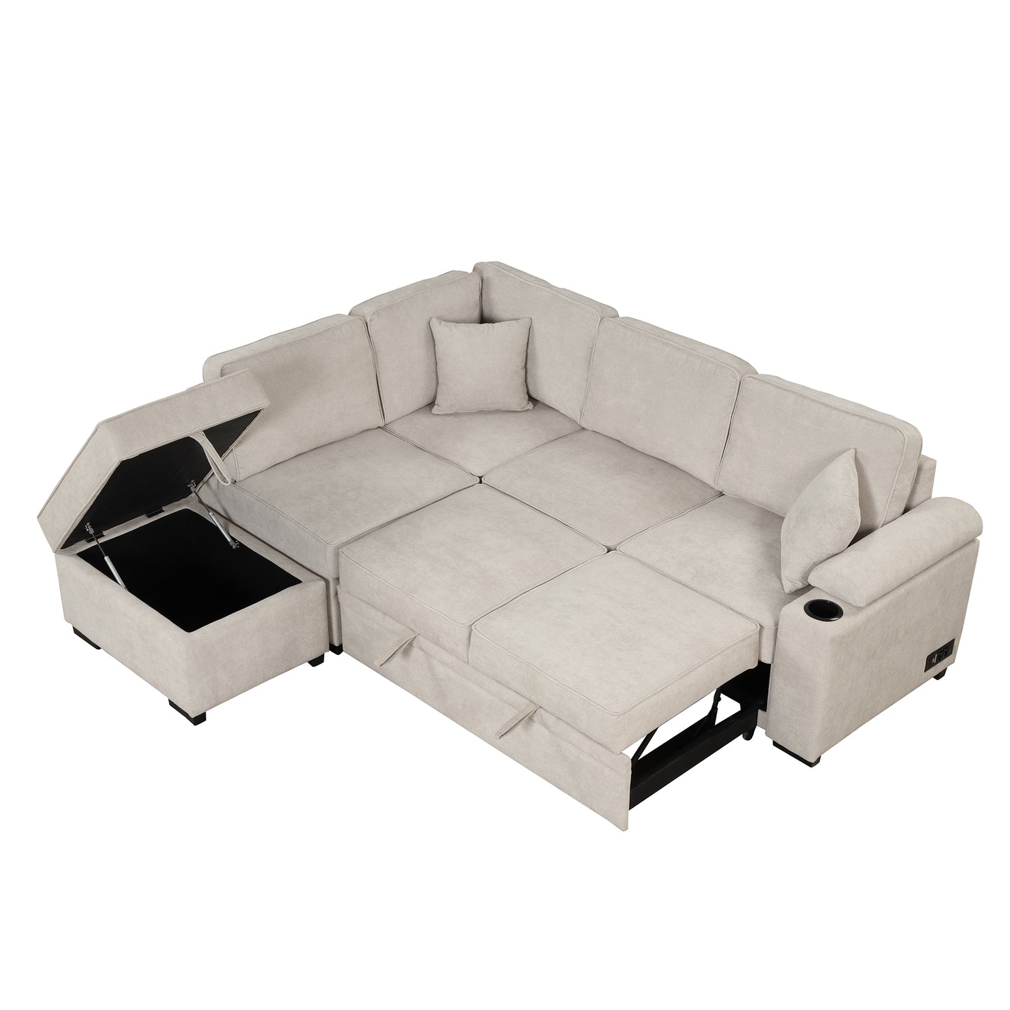 87.4 Beige L-Shape Sleeper Sofa Bed with Storage Ottoman