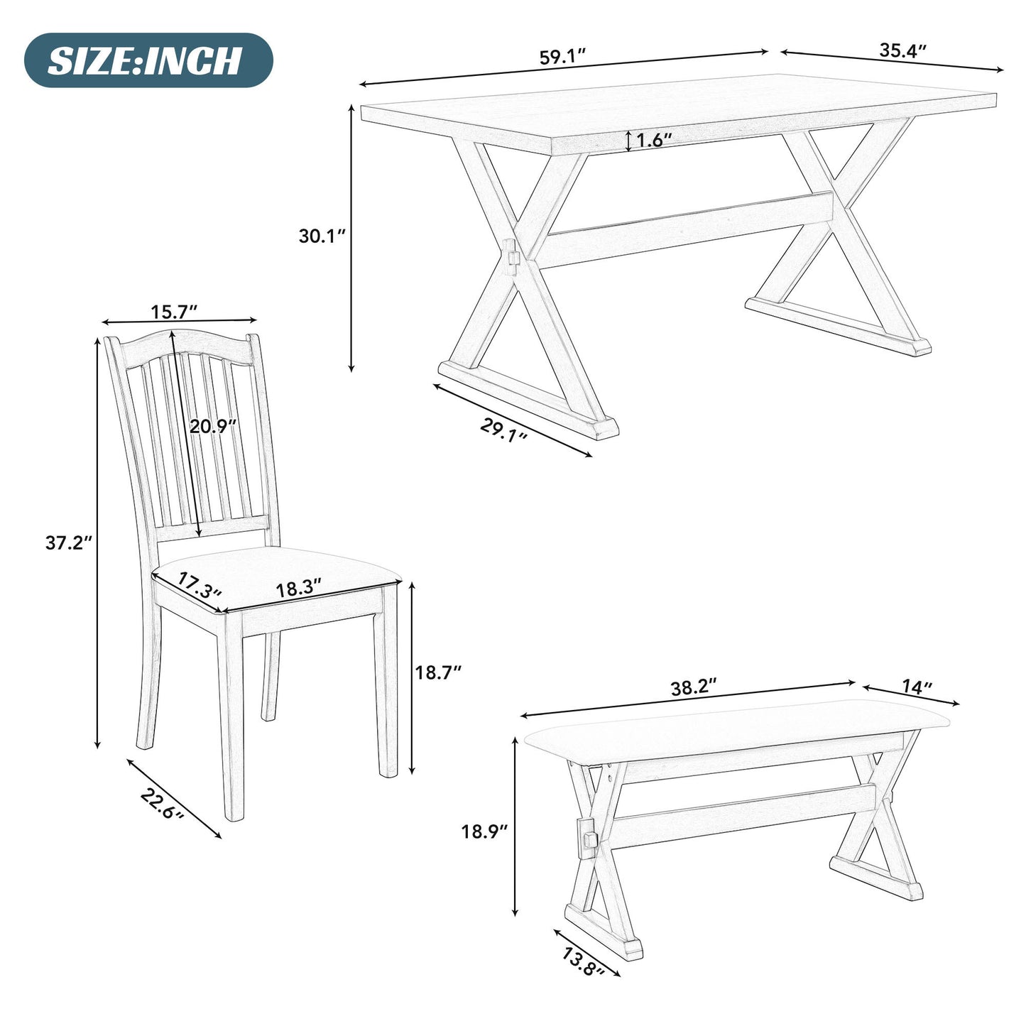 TREXM 6-Piece Rustic Dining Set, Rectangular Trestle Table and 4 Upholstered Chairs & 1 Bench for Dining Room (White Washed)