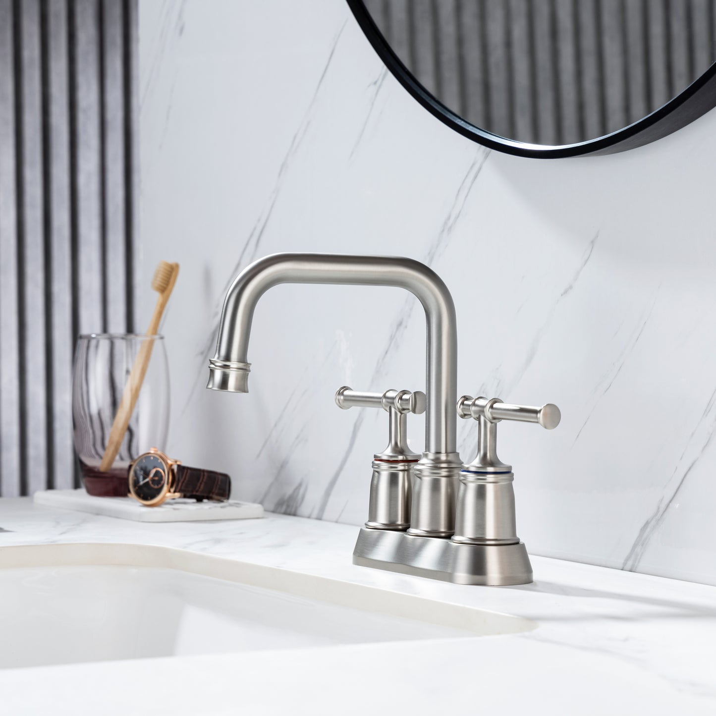 Elegant Brushed Nickel Bathroom Faucet with Dual Handles and Lift Rod Drain - Ideal for Lavatory Sink