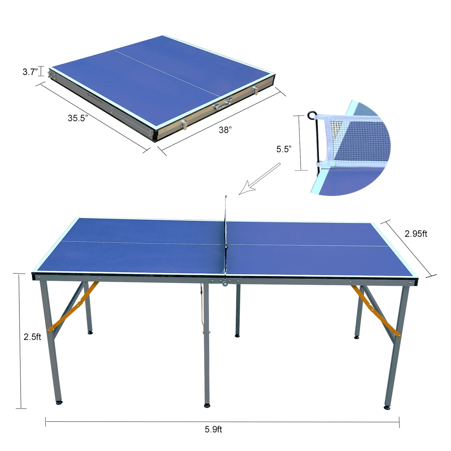 6ft Mid-Size Table Tennis Table Foldable & Portable Ping Pong Table Set for Indoor & Outdoor Games with Net, 2 Table Tennis Paddles and 3 Balls