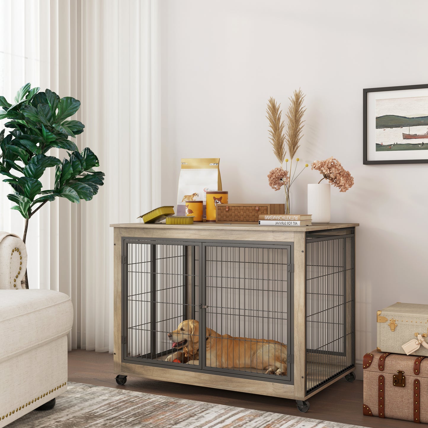 Furniture Style Dog Crate Side Table on Wheels with Double Doors and Lift Top. Grey, 43.7'' W x 30'' D x 31.1'' H.