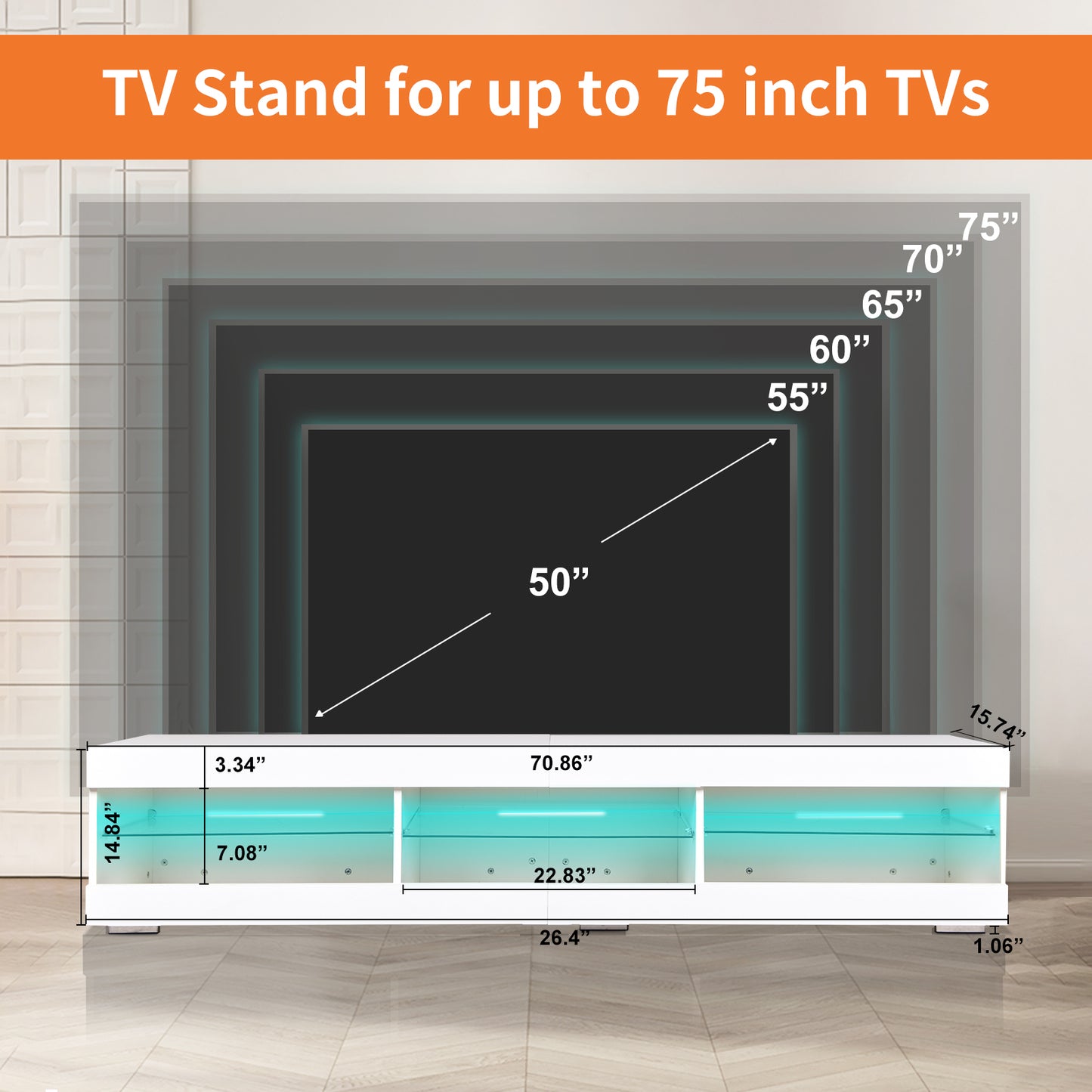 Sleek LED TV Console with Storage and Glass Shelves for Modern Living Rooms