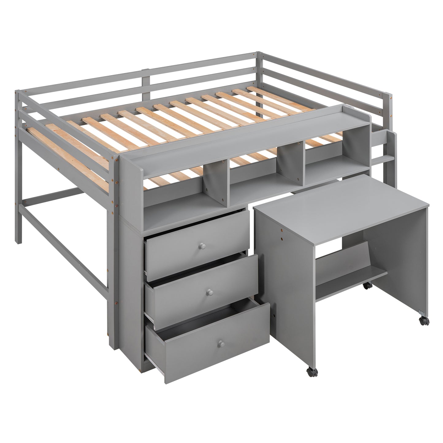 Full Size Low Loft Bed with Rolling Portable Desk, Drawers and Shelves, Gray(: GX000711AAE)