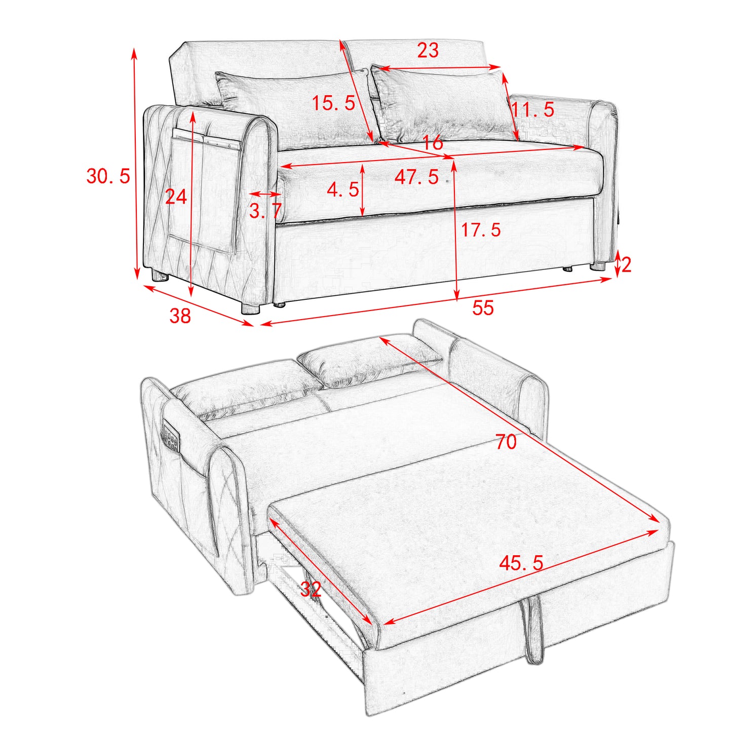 55 Modern Velvet Convertible Sofa Bed with Adjustable Backrest and Detachable Arm Pockets