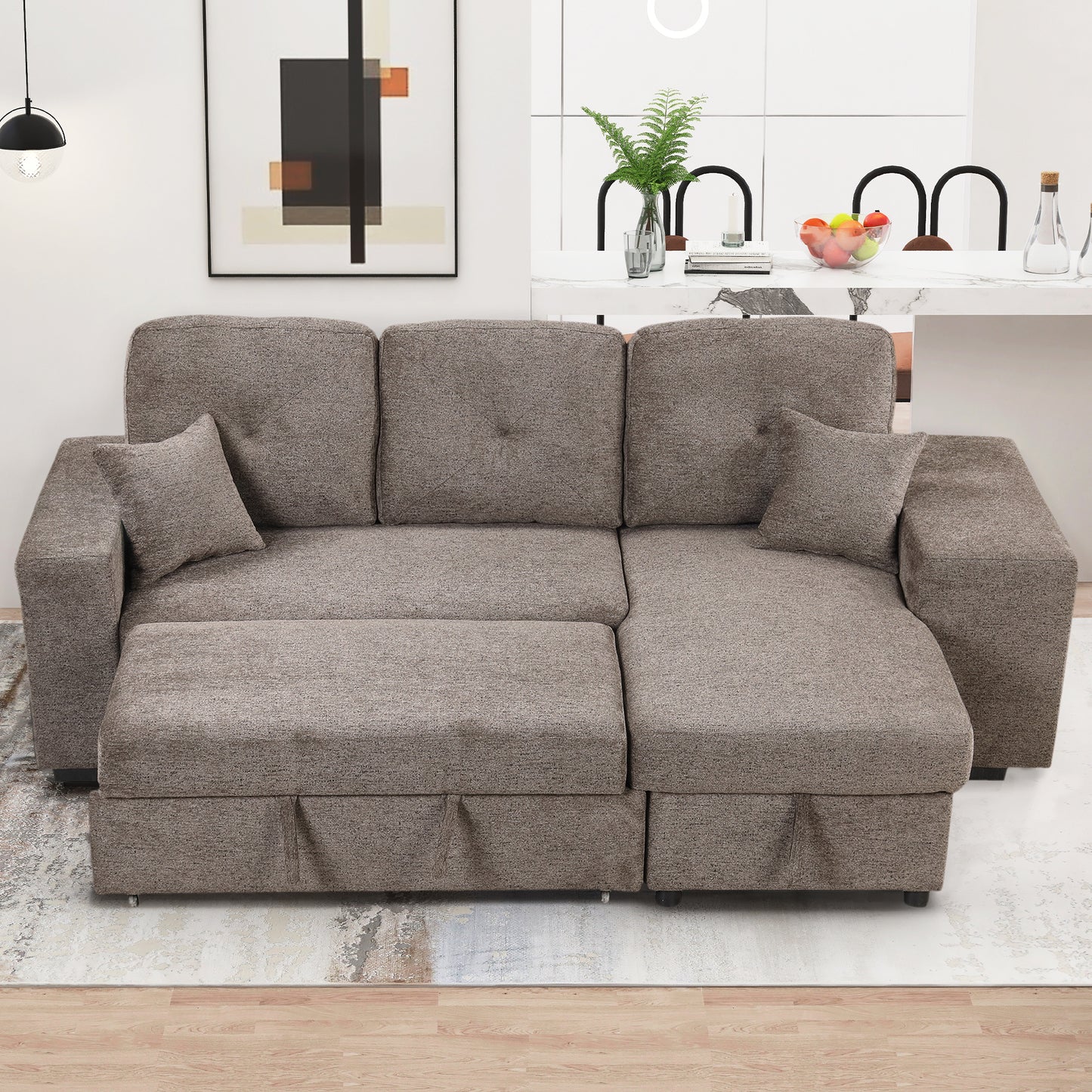 Reversible Sleeper Sectional Sofa Bed with Side Shelf and 2 Stools,Pull-Out L-Shaped Sofa Bed,Corner Sofa-Bed with Storage Chaise Left/Right Hande for Living Room,Knox Charcoal