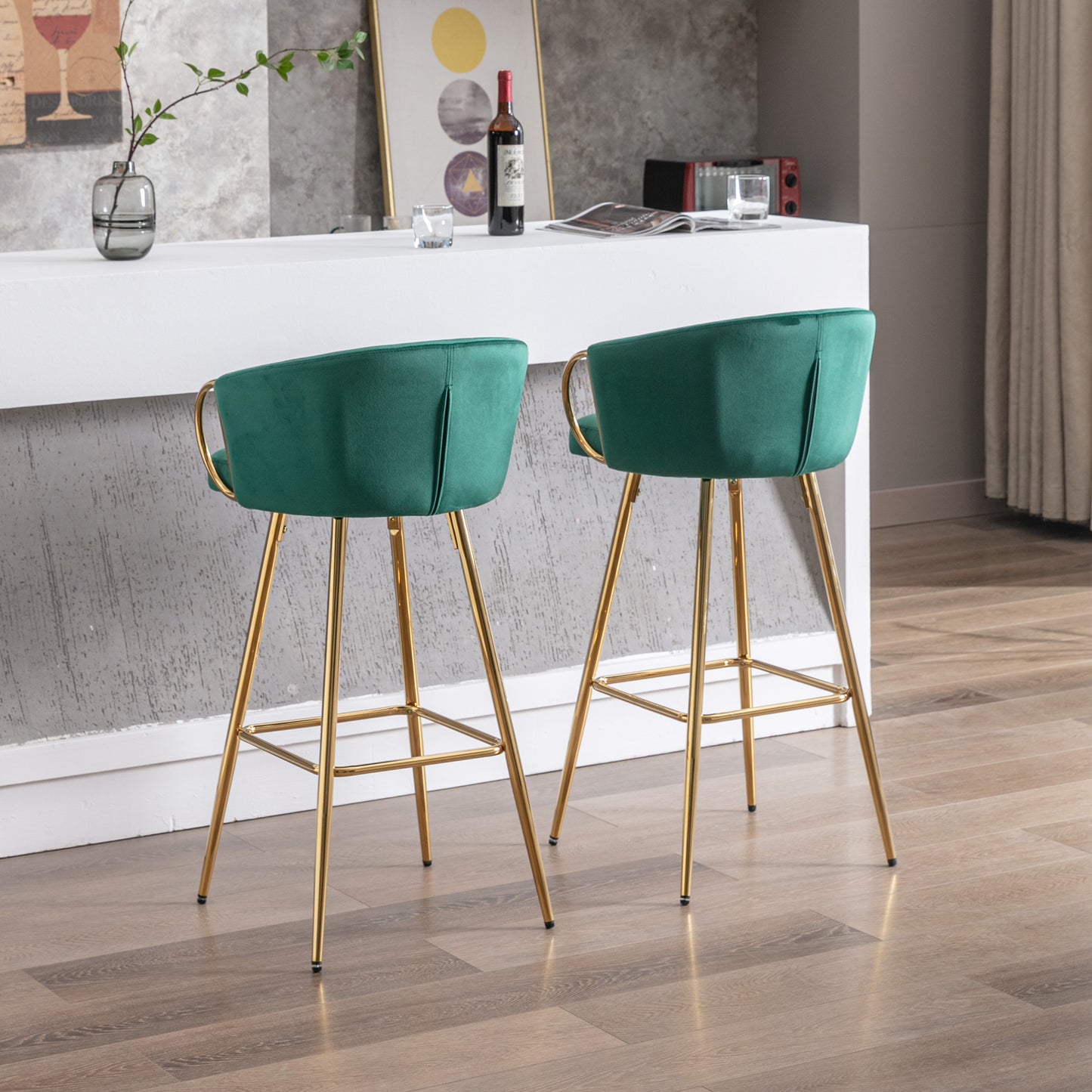 30 Inch Set of 2 Bar Stools,with Chrome Footrest and Base Velvet + Golden Leg Simple Bar Stool,GREEN