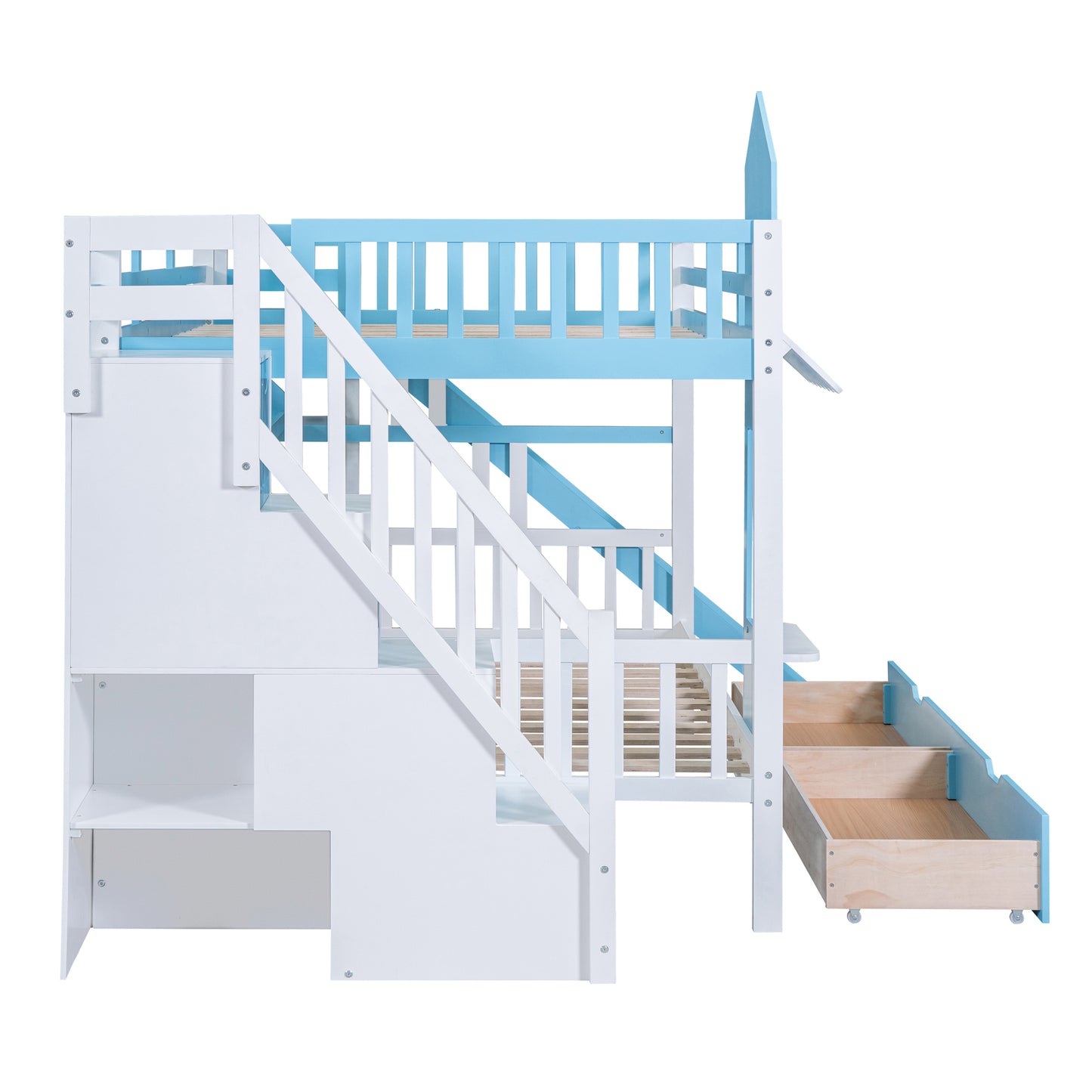 Blue Castle-Themed Full Bunk Bed with Slide, Storage, and Whimsical Charm