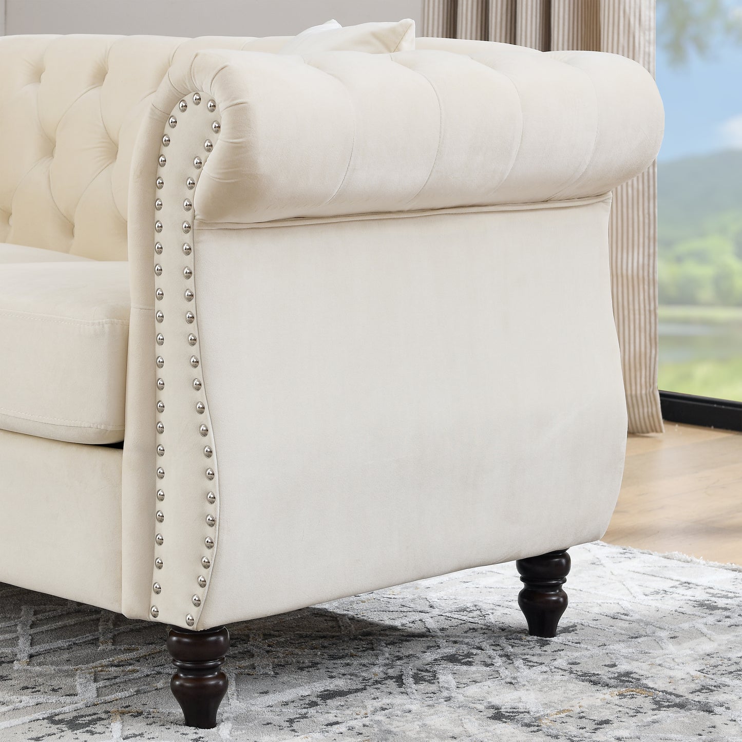 Chesterfield Sofa Beige Velvet 2 Seater with Rolled Arms and Nailhead Trim