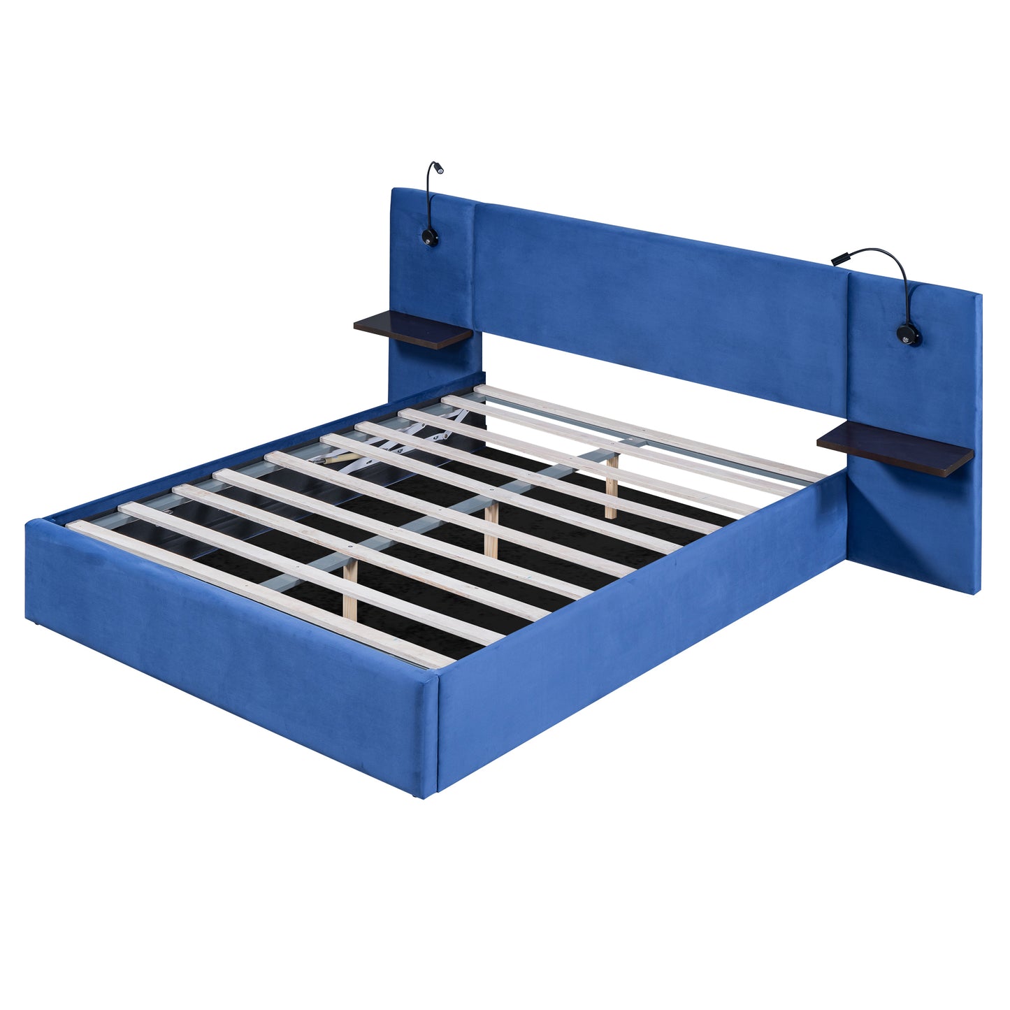 Queen Size Storage Upholstered Hydraulic Platform Bed with 2 Shelves, 2 Lights and USB, Blue