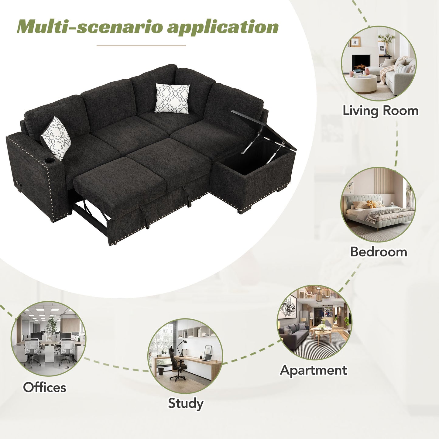 83.8 L-Shaped Reversible Sectional Sleeper Sofa with Cup Holder and USB Ports, Black