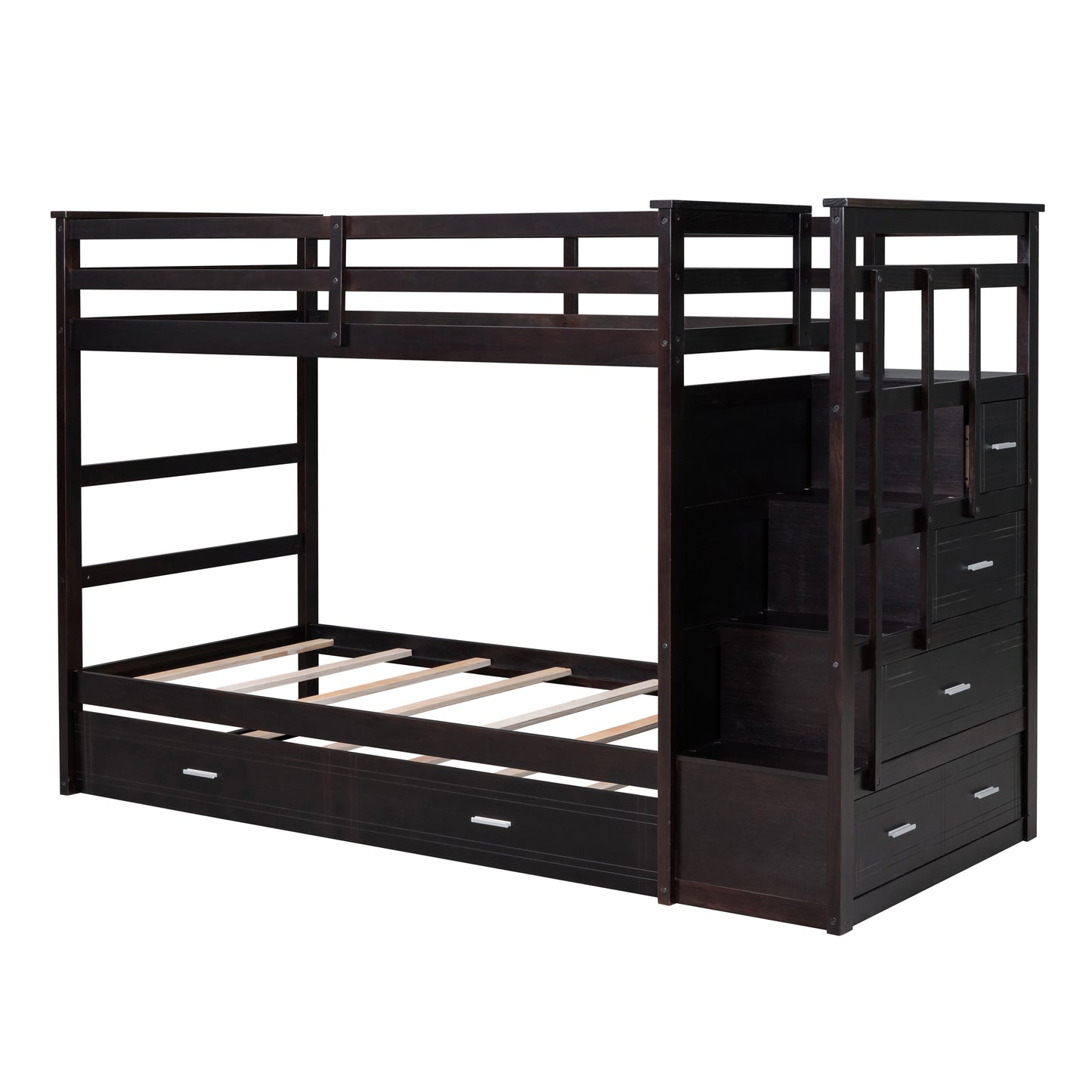 Chic Espresso Twin Bunk Bed with Trundle and Staircase