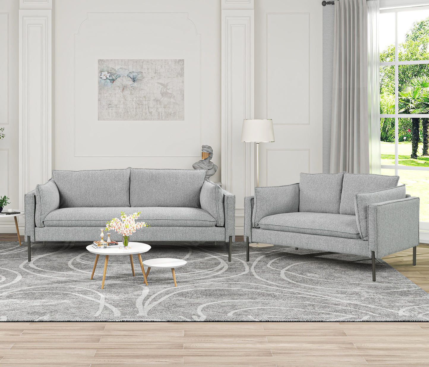 Modern Linen Fabric Upholstered Loveseat and 3-Seat Couch Set with USB Charging Ports