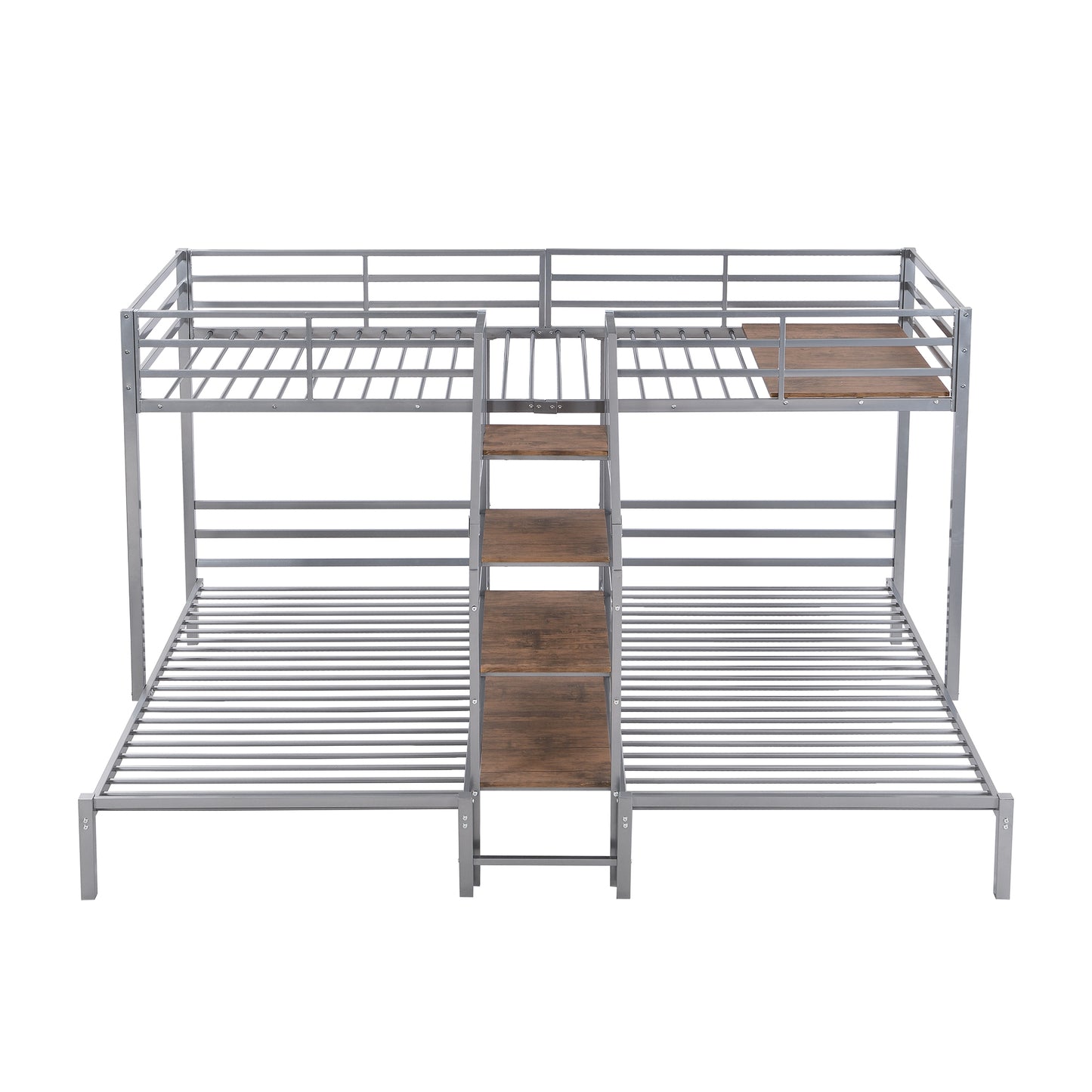 Three-Tiered Metal Bunk Bed with Storage and Staircase, Silver Twin over Twin