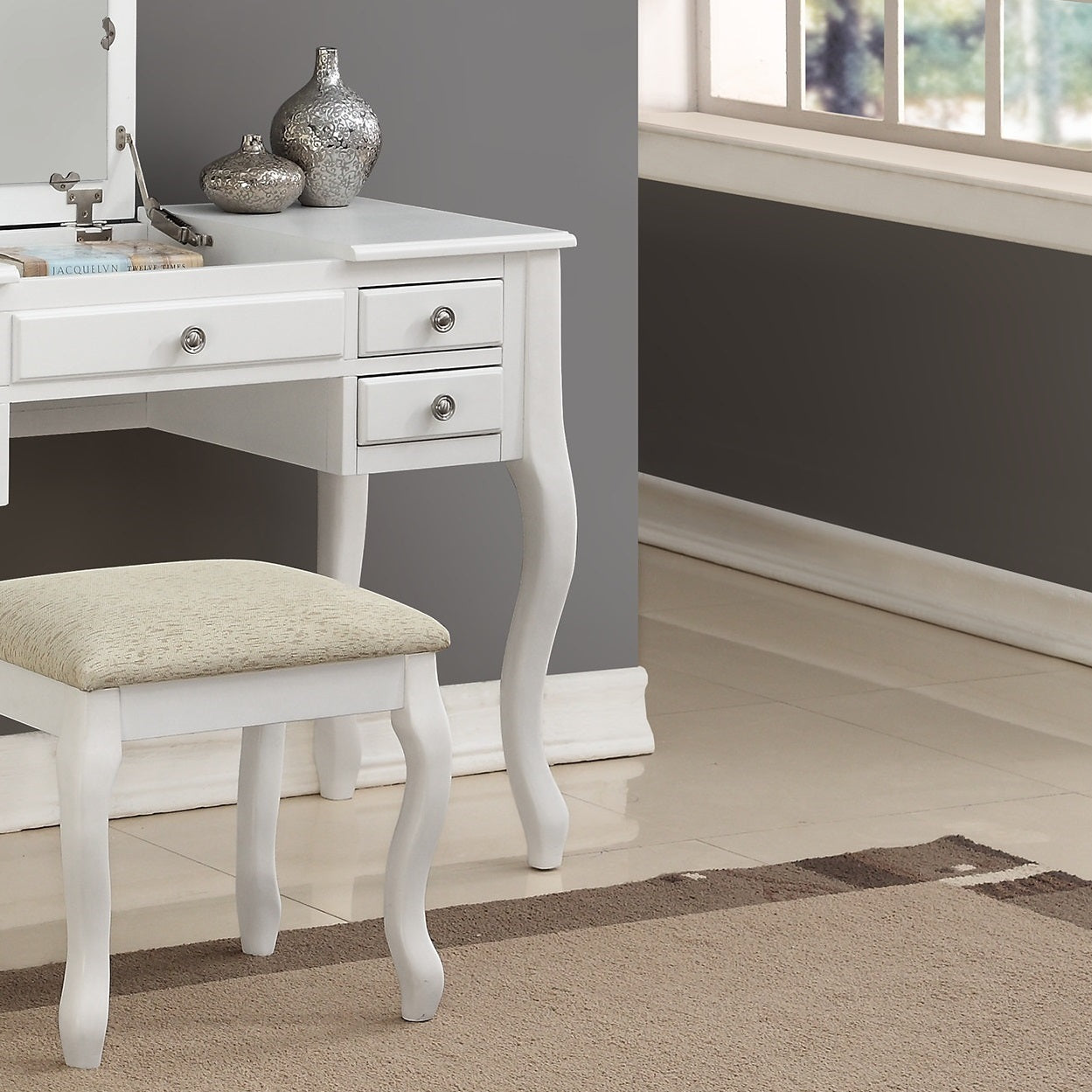 Classic 1pc Vanity Set w Stool White Color Drawers Open-up Mirror Bedroom Furniture Unique Legs Cushion Seat Stool Vanity