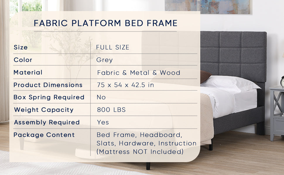 Full Size Platform Bed Frame with Fabric Upholstered Headboard and Wooden Slats, No Box Spring Needed/Easy Assembly, Grey