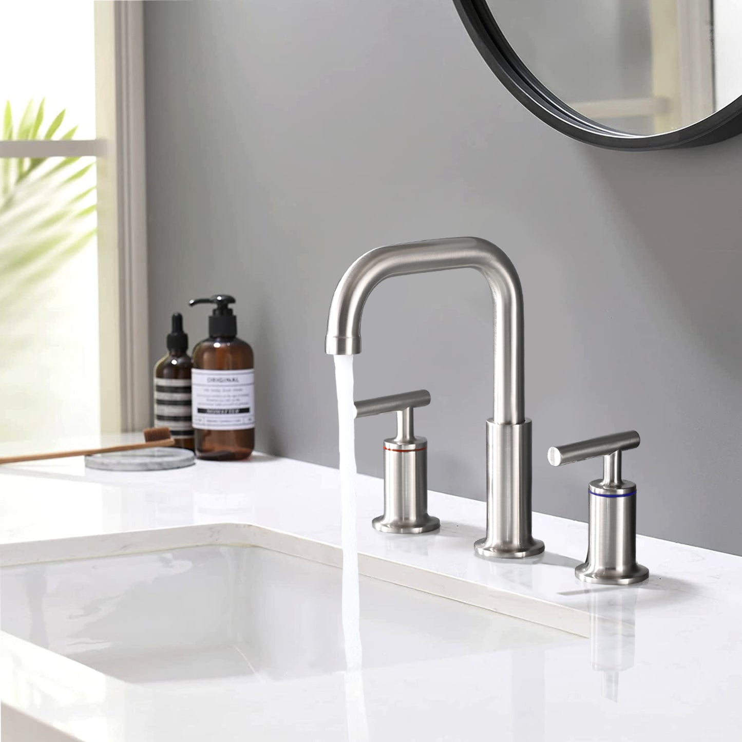 Brushed Nickel Double Handle Bathroom Faucet with Pop Up Drain - 8 in. Widespread