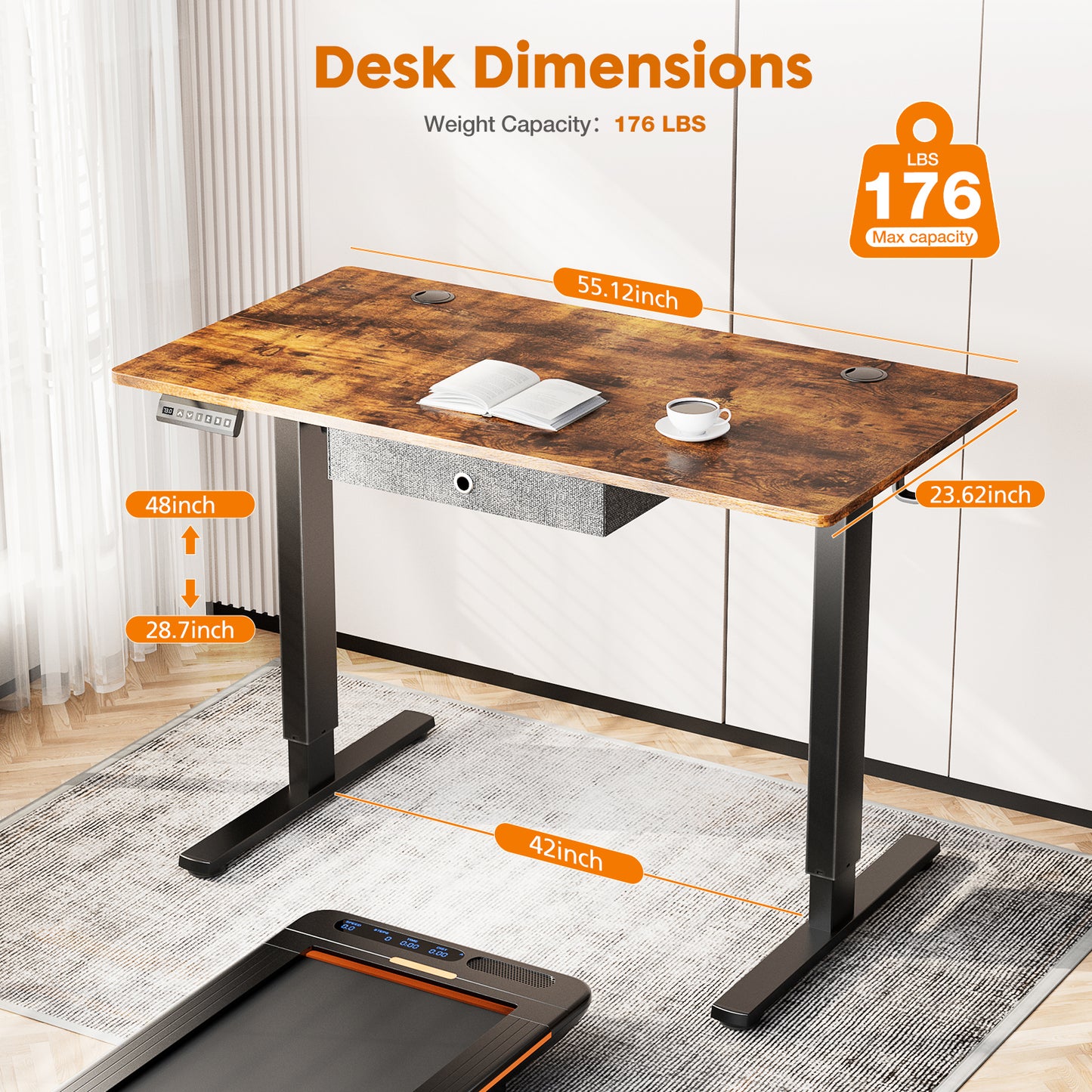 Adjustable Electric Standing Desk with Drawer and Memory Presets in Rustic Brown, 55 x 24 Inches