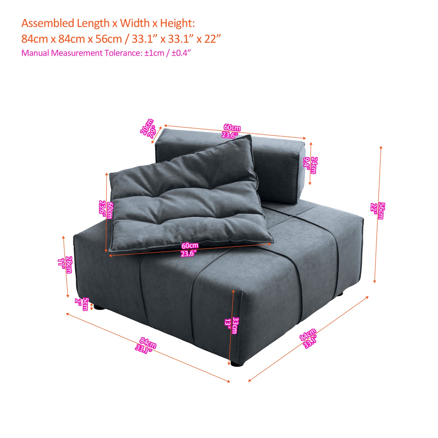 Modular Sectional single sofa,Armless Chair with Roly-Poly Backrest -33.1"for living room